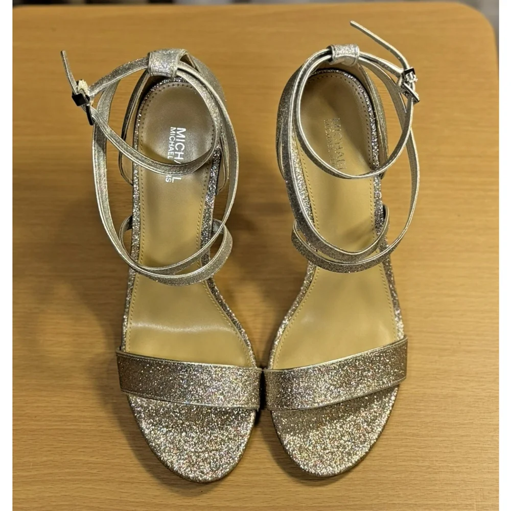 MICHAEL KORS Silver Gold Glitter Ankle Strap Stiletto Heel Sandals 8.5 M